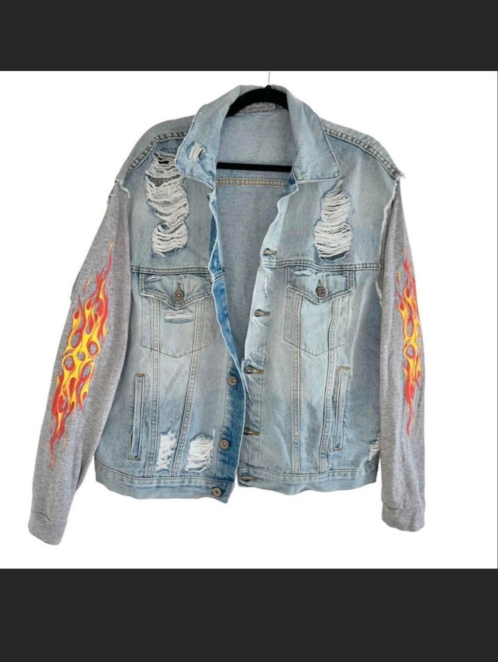 Carmar Distressed Light wash Denim Jacket Gray Flame Sweatshirt Sleeves Size M